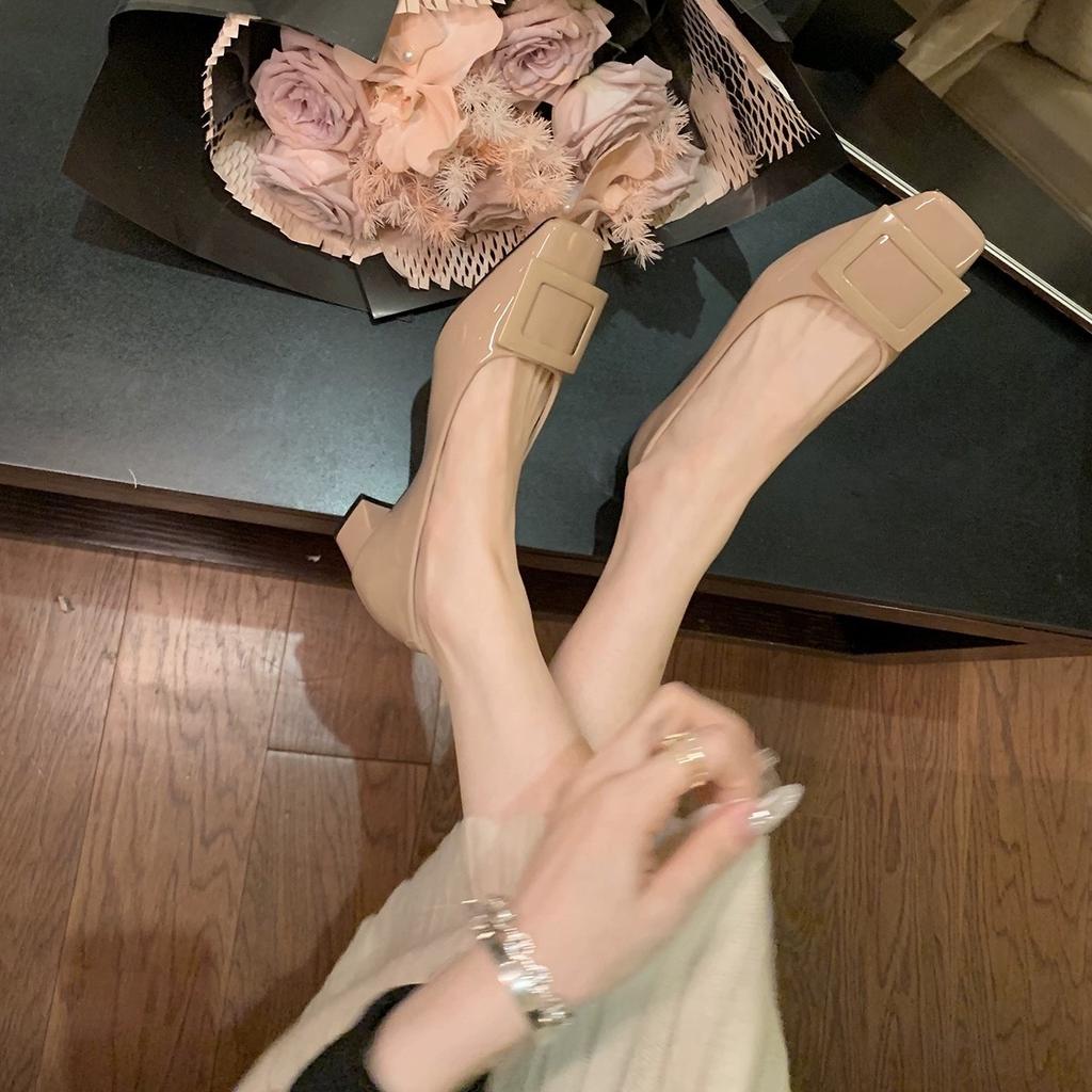 Autumn Square Buckle Thick Heel Single Shoes Classic Small Red Shoes Light Mouth Square Head Single Shoes Women