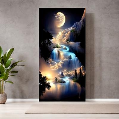 1pc Frameless Canvas Poster, Moon Waterfall Oil Painting Style Wall Decoration Canvas Wall Art, Gift Wall Painting, Bedroom, Off