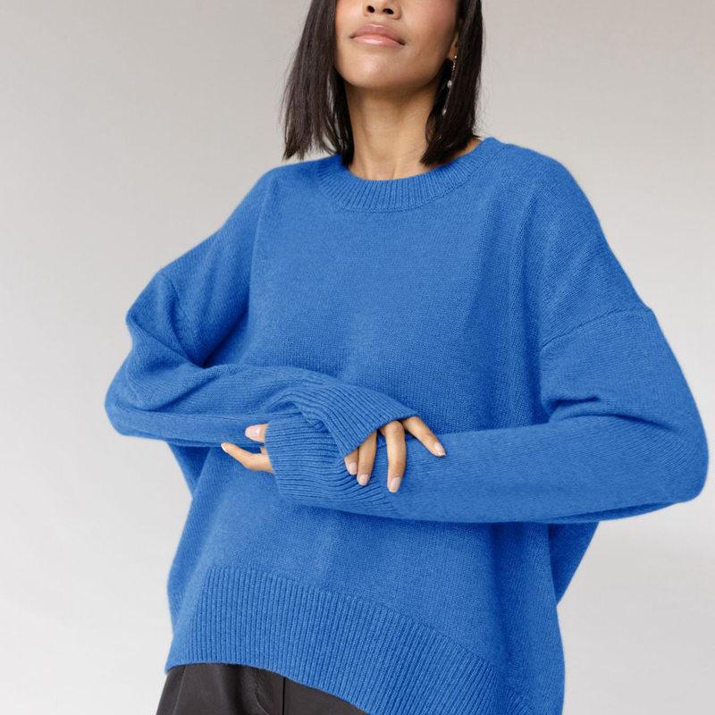 Women Autumn Winter Knit Crew Neck Long Sleeve Loose Solid Color Knitted Sweater