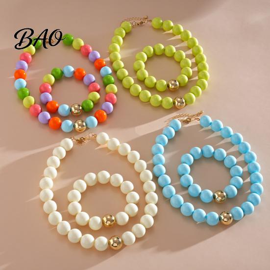 Colorful Bead Necklace Beaded Jewelry for Women, Acrylic Big Beads Choker Female Bracelet Necklace, Round Stretch Bracelet, Summer Retro Accessory