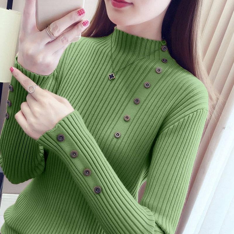 

Модный однотонный вязаный свитер с высоким воротником для женщин, осенне-зимний свитер с длинным рукавом, облегающий низ, элегантный повседневный трикотаж 24957 One size зелёный
