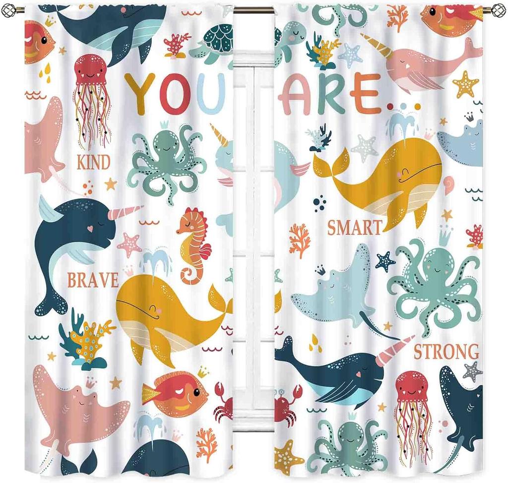 Ocean Kids Curtains, Sea World Underwater Fish Marine Animals Whale Shark Fish Quotes Inspirational Colorful Window Drapery for