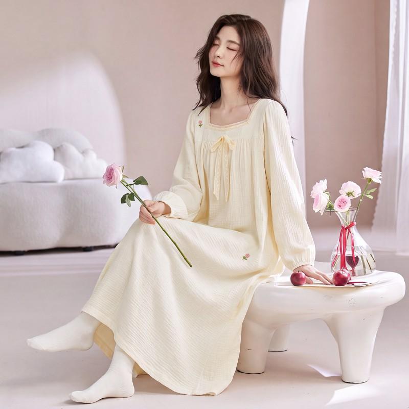 Womens Cotton Long Sleeve Nightgown Casual Soft Home Dress