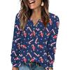 Women's Fashion V-Neck Button-Up T-Shirt With Christmas Print Long-Sleeved Top