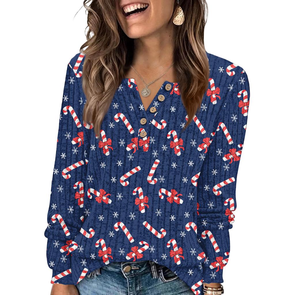 Women's Fashion V-Neck Button-Up T-Shirt With Christmas Print Long-Sleeved Top