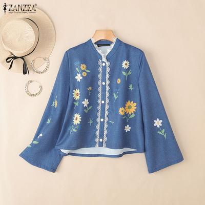 Women Casual Stand Collar Loose Long Sleeve Floral Blouse