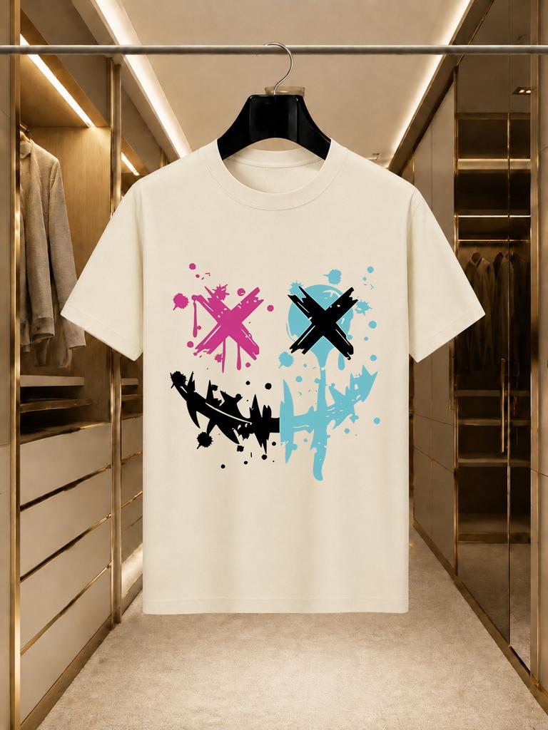 2026 New Arrival 100 Cotton Tshirt Twotone Splash Ink Cross Eye Grin Face Print American Street Crew Neck Casual Tee