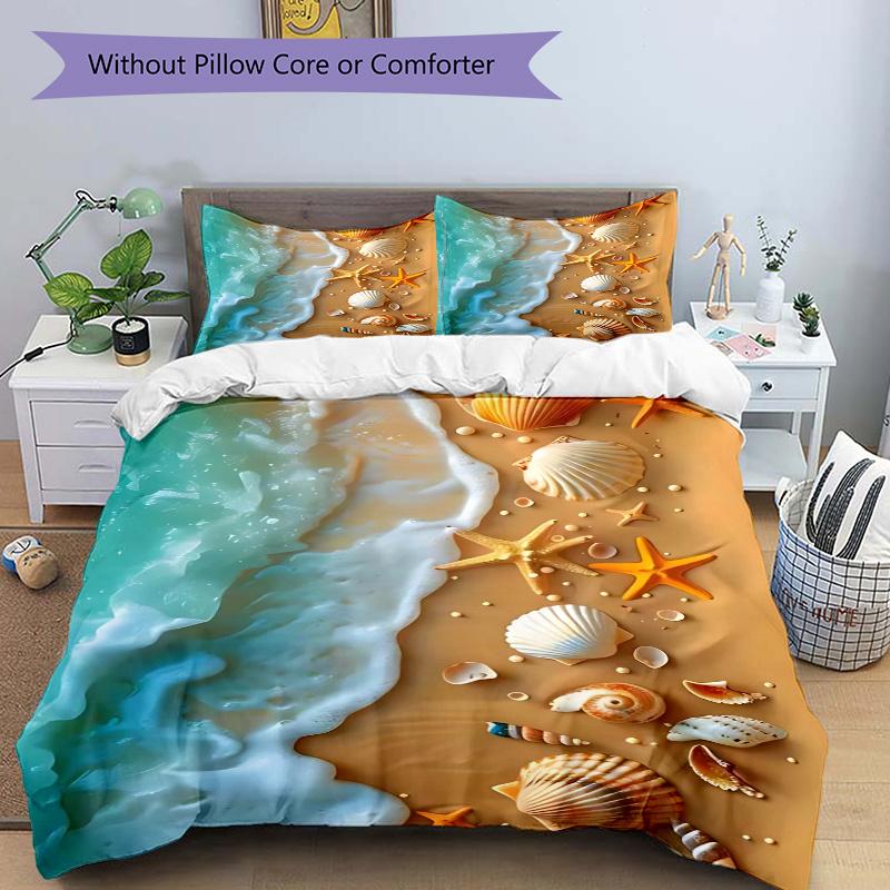 3pcs Beach Themed Seashell Starfish Shellfish Ocean Wave Coastal Decorative Bedding Set, Bedroom or Guest Room, Festive Gift, Anime Cartoon Design