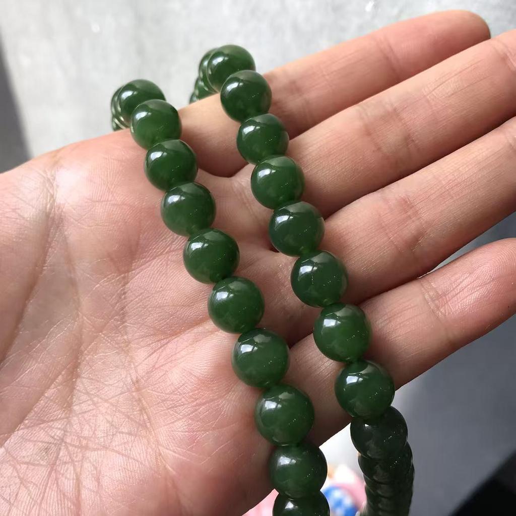 Eleventh National Day Mid-Autumn Hetian Jade Necklace - Spinach Green, 10mm beads, Mother Chain - Warm, Classical Collection