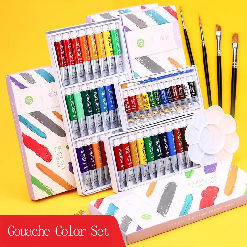 M & G-Student Gouache Paint Set with Brushes, Professional Washable Painting Tool, 12, 18, 24 Colors