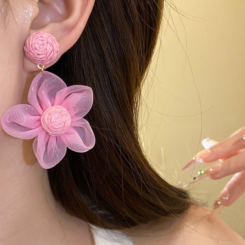 Sunflower Multi-colored Ear Accessories Raffia Flower Ear Drop Handmade Wood Drop Earrings  Lady
