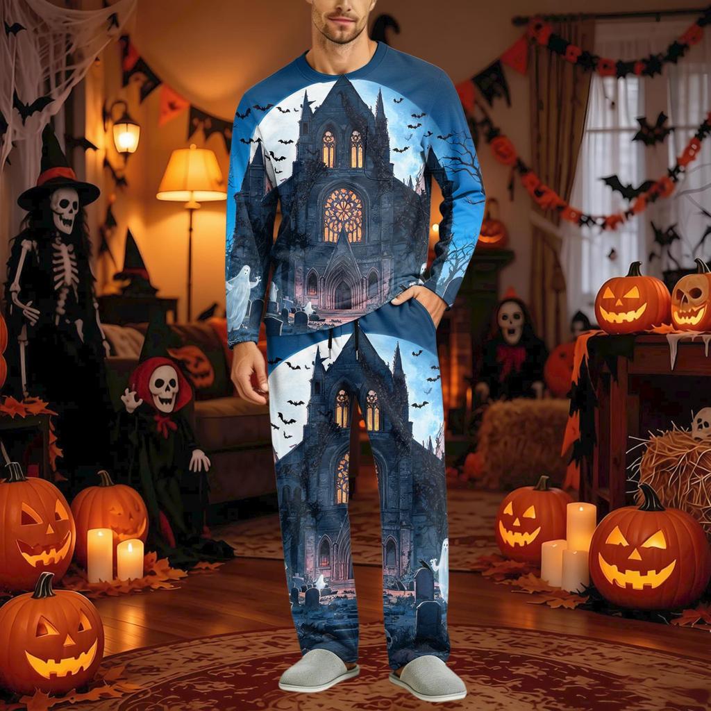 Men's Halloween Pajama Set Long Sleeve Long Pants with Crotch Buttons and Elastic Drawstring Waist