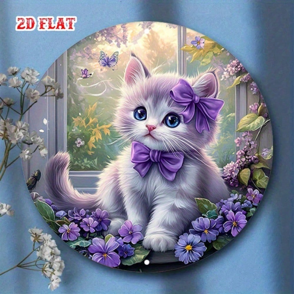 Cute Kitten Purple Floral Round Metal Wall Sign Vintage Iron Art Home Bedroom Decor Pet Lover Gift 8x8 Hanging Plaque
