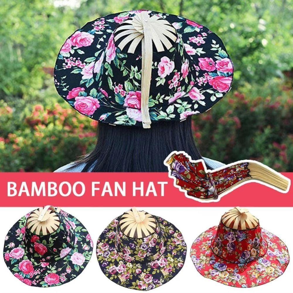 

Wide Brim Folding Fan Hat Floral Printed Bamboo Sunscreen Cap Portable Fan Sun Hats Beach Style 8