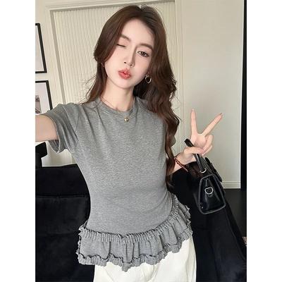 Ballet Style White Round Neck Short-sleeved Women's T-shirt Summer Pure Desire Wood Ears Front Shoulder Slim Top