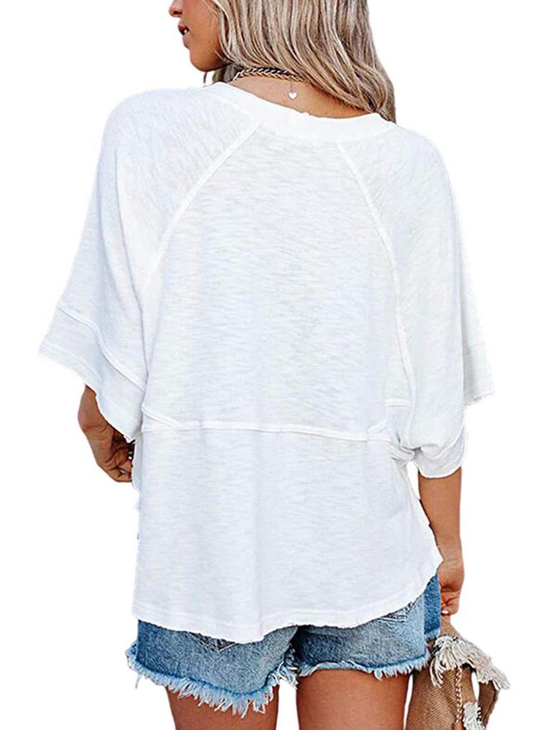 2025 Trendiges gespleißtes einfarbiges Glockenärmel-Lockeres Damen-T-Shirt