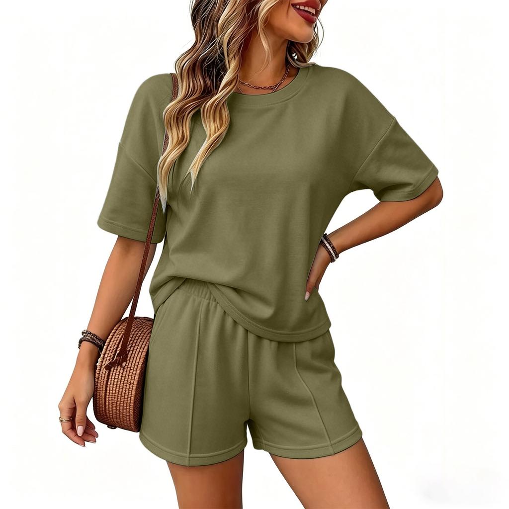 Women’s Relaxed Fit Short Sleeve Top and Shorts Two Piece Outfit Set for Casual Summer Wear Lounge and Daily Activities