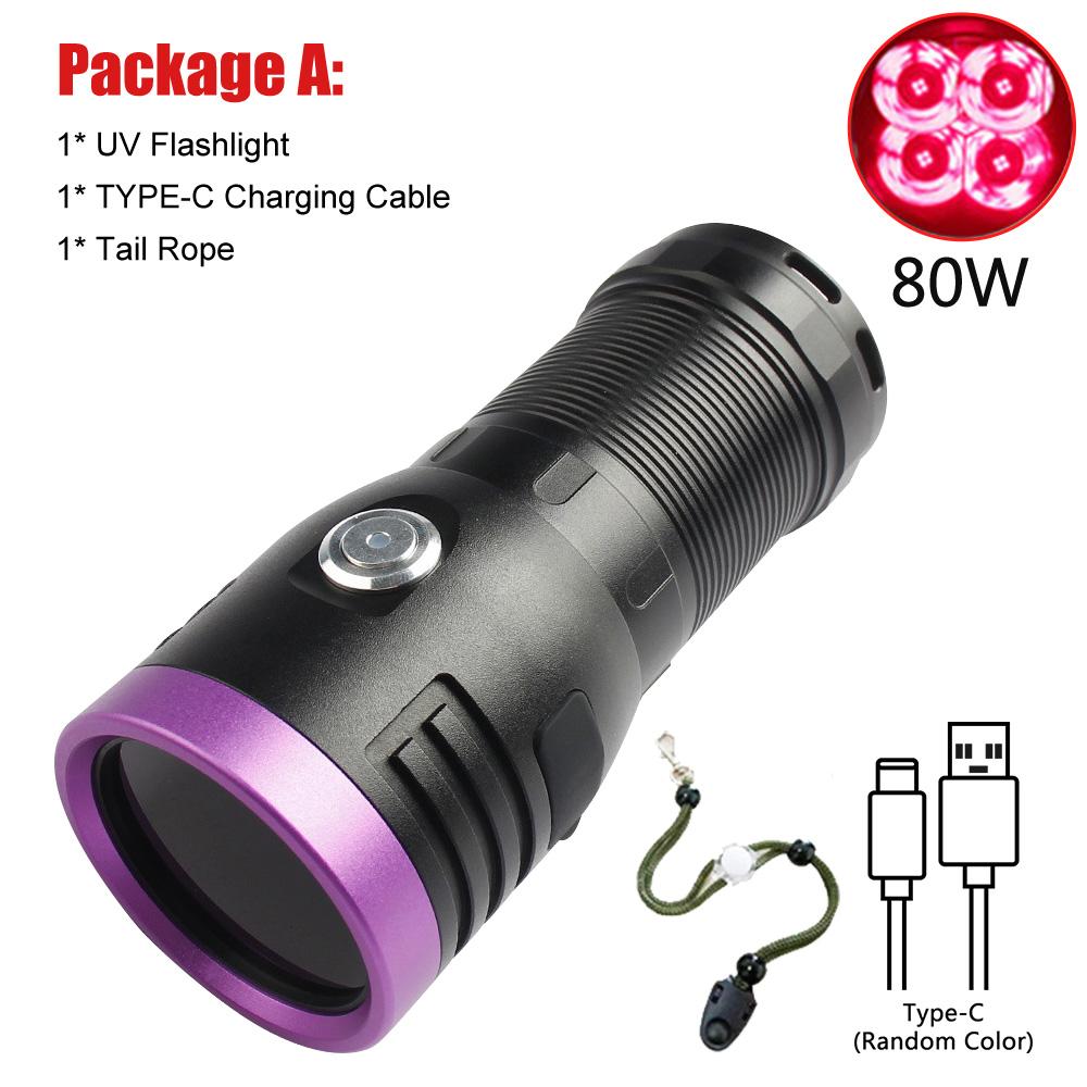 60W/80W/120W High Power UV Flashlight 3/4/6-CORE 365nm Type-C Rechargeable Black Mirror Purple Light Wood's UV Detection Lantern