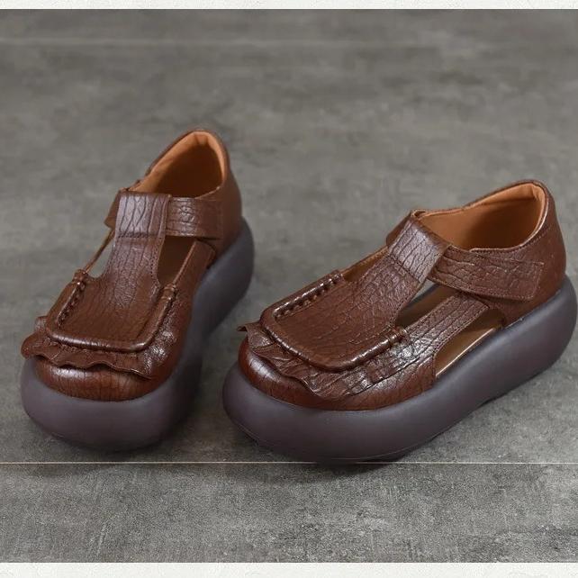 Johnature Retro Genuine Leather Roman Sandals Comfortable And Versatile Round Toe Thick Soled Women's Shoes