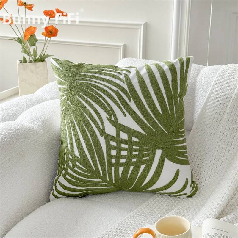 Green Plant Embroidered Decorative Throw Pillow Case Leaves Pattern Boho Cushion Covers For Living Room Sofa Bed Home Decor