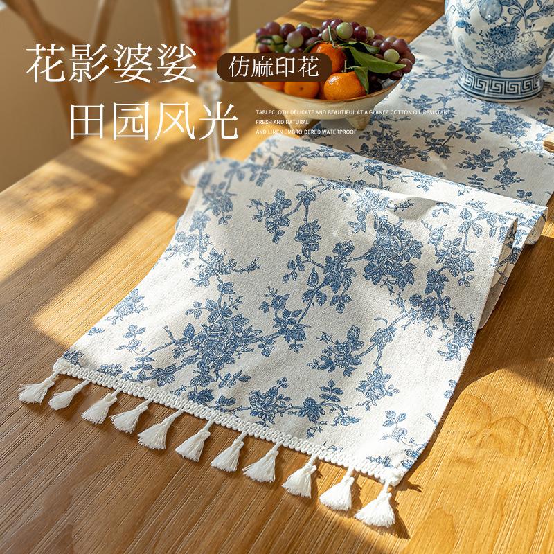 Retro Table Runner Blue Floral Kitchen Rectangle Table Runner Kitchen Table Decoration Indoor Outdoor Home Party Supplies