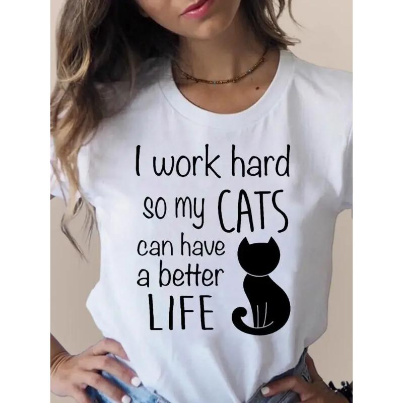 Summer Round Neck Cat Pattern Printed Top Fashionable Casual Short Sleeved Women's Pure Cotton T-shirts