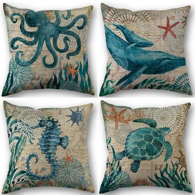 Marine Life Turtle Seahorse Whale Octopus Cushion Cover Pillow Cover Retro Linen Fabric 45x45cm