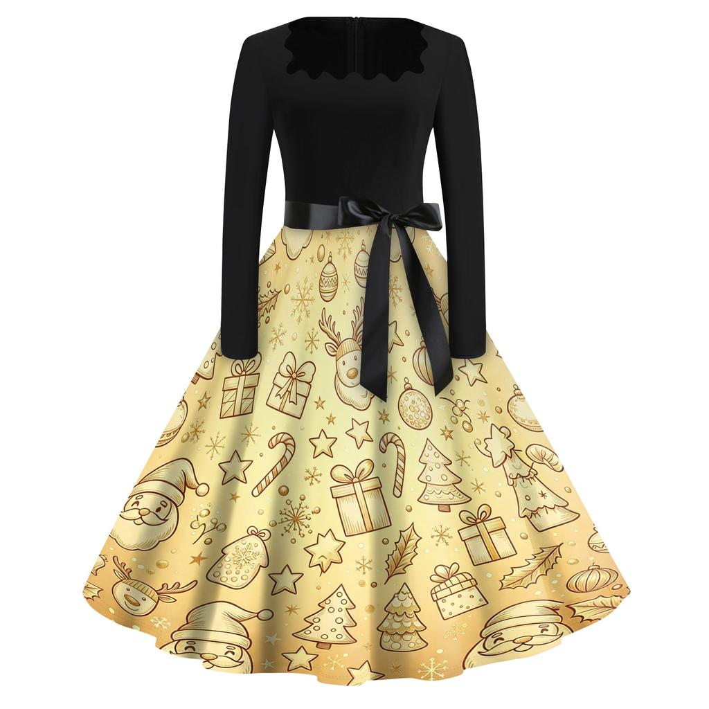 Women's Casual Vintage Dress with Square Neck and Christmas Print for Holiday Party