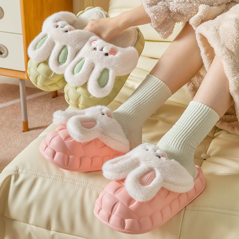 Fashion Mo Dou 2025 Winter Warm Women Slippers Waterproof Vamp Cute Rabbit Bear Decoration Indoor Outdoor Shoes Soft Plush Men Slippers