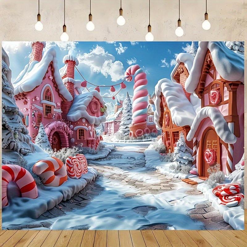 1pc Magical Winter Wonderland Christmas Background - Pink Fairy Tale Candy Stick and Colorful Snow Scene
