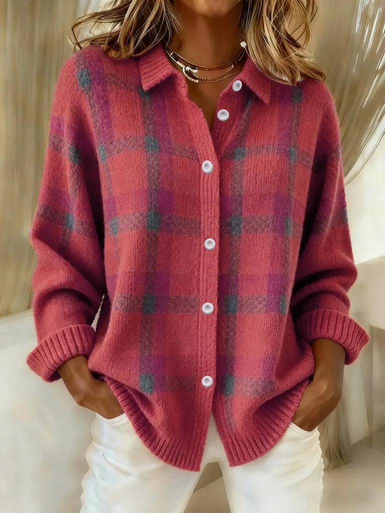 Women's Casual Plaid Long Sleeve Lapel Shirt Cardigan