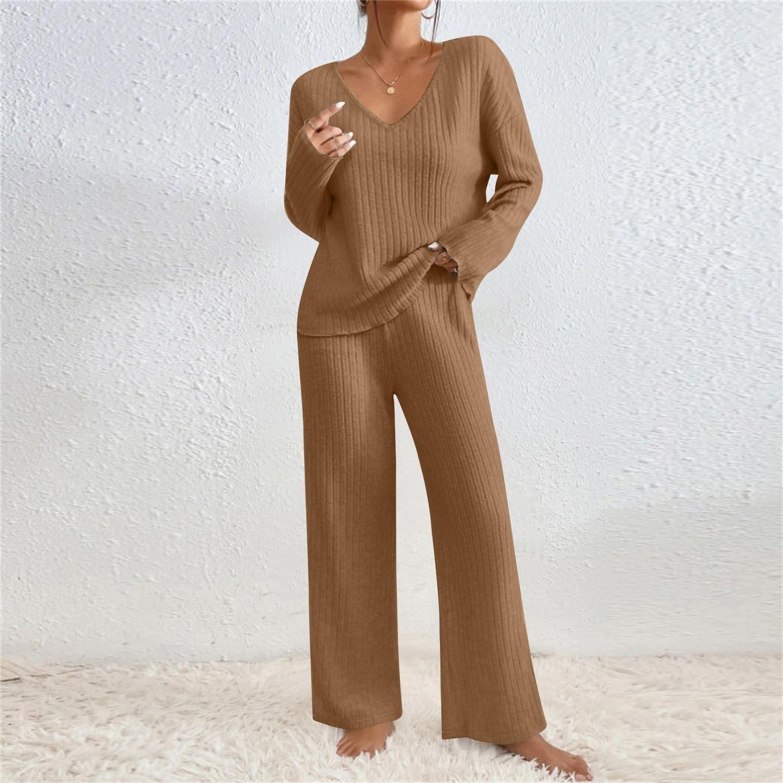 

Women s Color Stripe V-neck Long Sleeved Top And Pants Two-piece Set XL кавовий