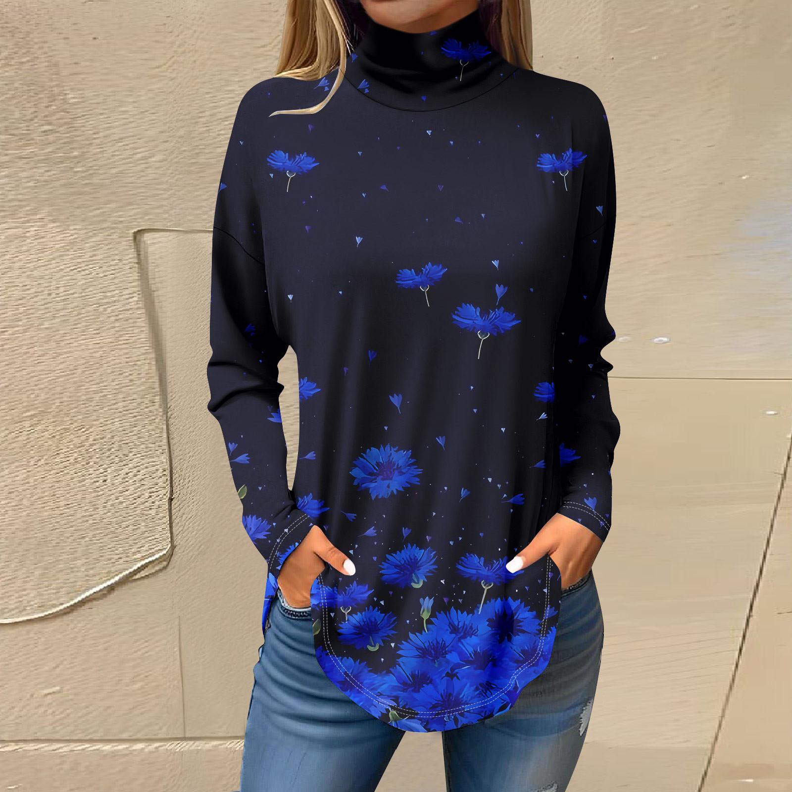 

Футболки для женщин, осенние повседневные рубашки с длинными рукавами, толстовка с винтажным принтом, топ с высоким воротом, пуловер XL