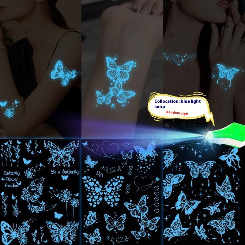1/6 Sheets Blue Luminous Glow Tattoo Sticker Waterproof Temporary Finger Wrist Body Art False Butterfly Tattoo