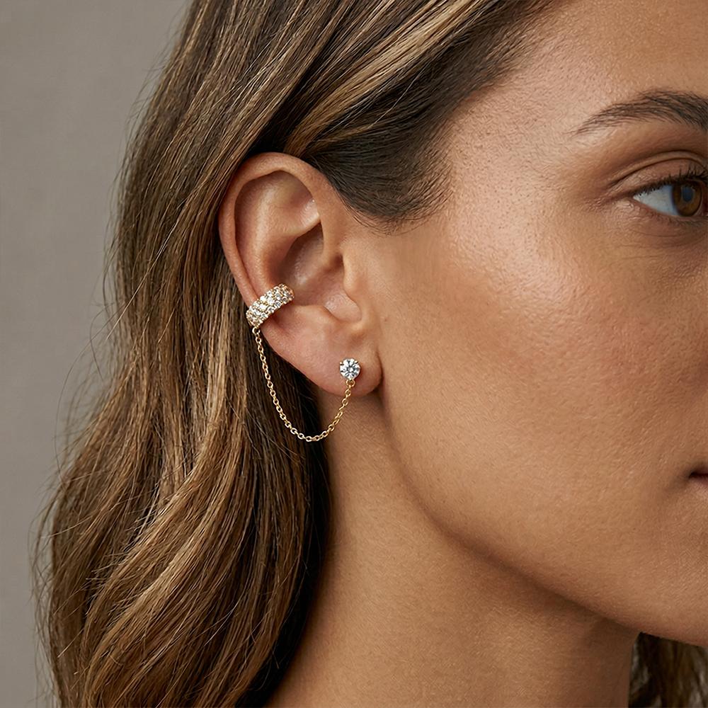 1pc CZ Zircon Stud with Gold Color Link Chain Clip Earrings for Women Gold Plated No Piercing Ear Cuff Fashion Jewelry Gifts