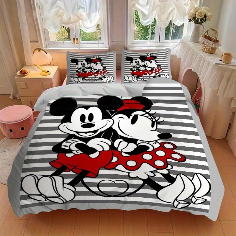 3pcs Gray Striped Minnie Mickey Bedding Set Includes 1 Quilt Cover and 2 Pillowcases, Comfortable Bedding S049