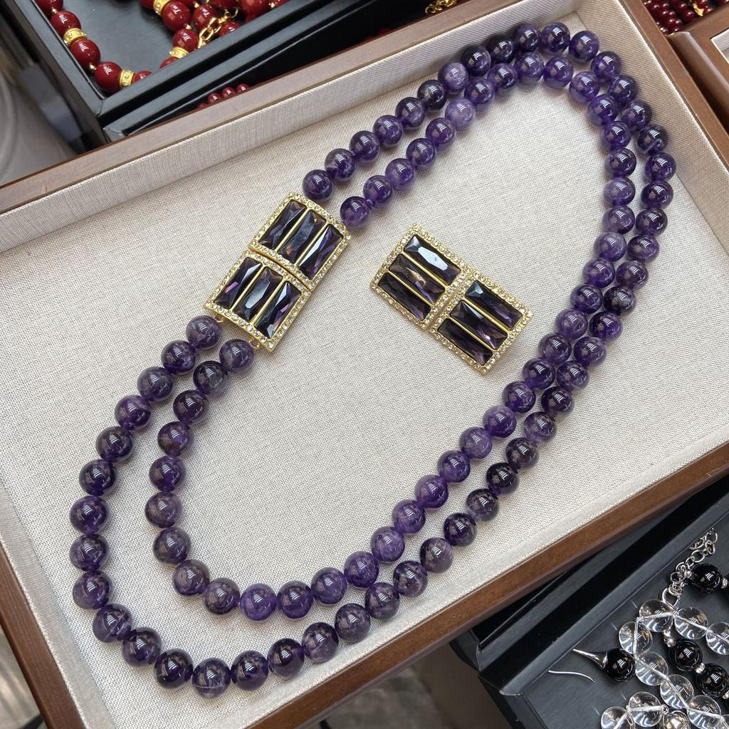Elegant Double-Layer Agate Beaded Long Necklace Sweater Chain High-Quality Natural Amethyst Diamond Stud Earrings Set