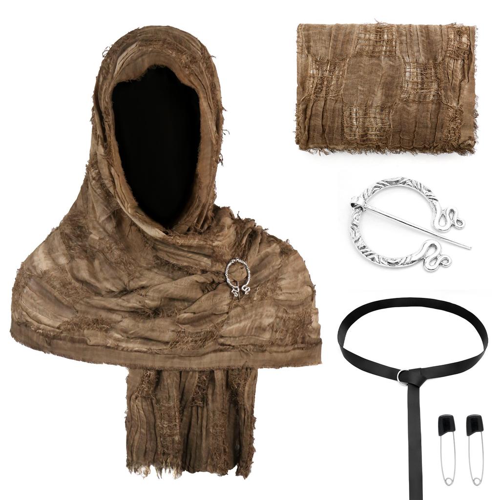 Medieval Hooded Cloak Scarf Set with Brooch and Belt for Cosplay Renaissance Festival Costume Accessories