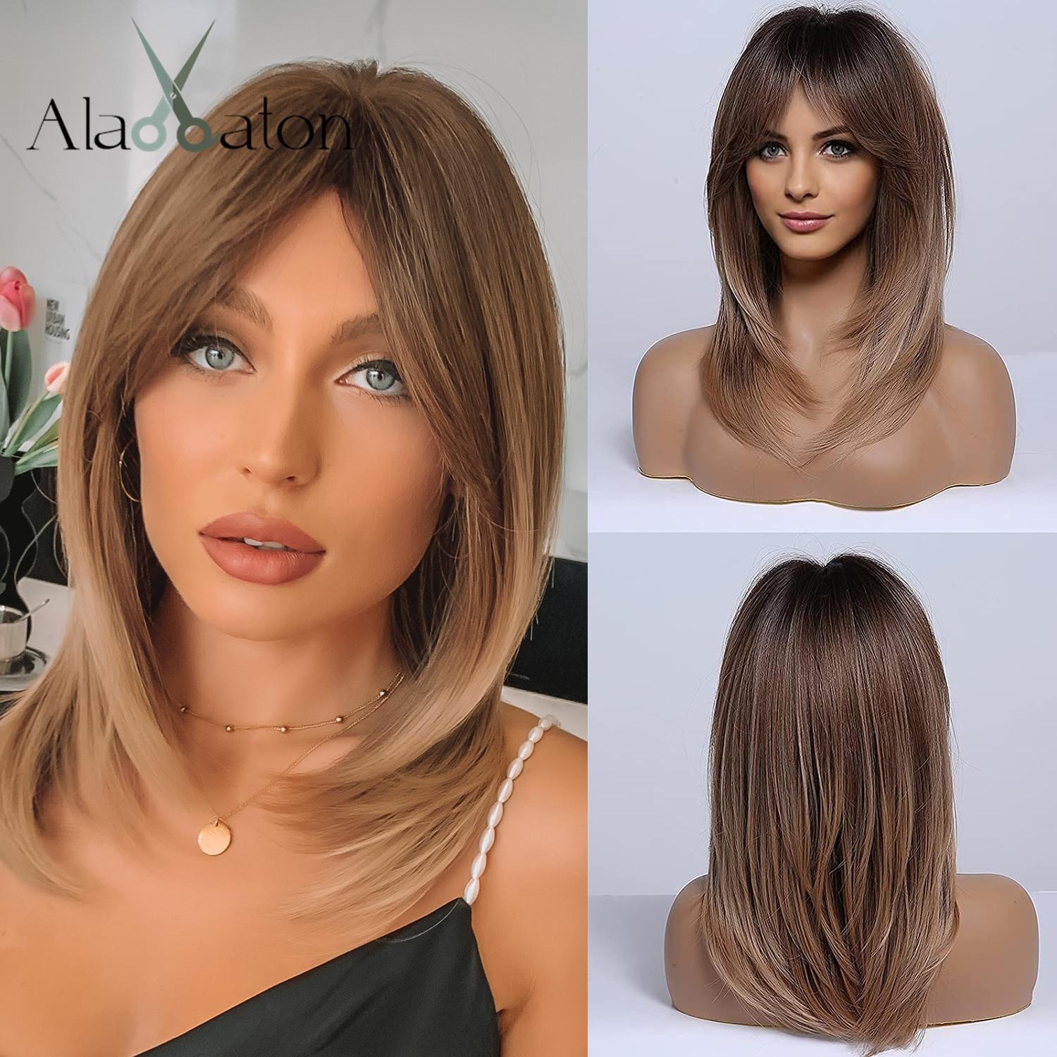 

ALAN EATON Синтетический парик для чернокожих женщин и девочек, натуральный средний волнистый темно-коричневый парик с челкой, косплей, вечерние, термостойкие волосы