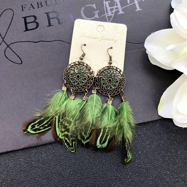 Original bohemian natural velvet feather earrings, female retro personality versatile elegant fringed fashion ear jewelry