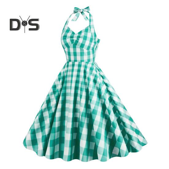1950er Jahre Damen Rosa Kariertes Ärmelloses Kleid Schnürung Schleife Neckholder Versteckter Reißverschluss Skater Saum Cocktailparty Swing Kleid Hohe Taille A-Linie Kleid