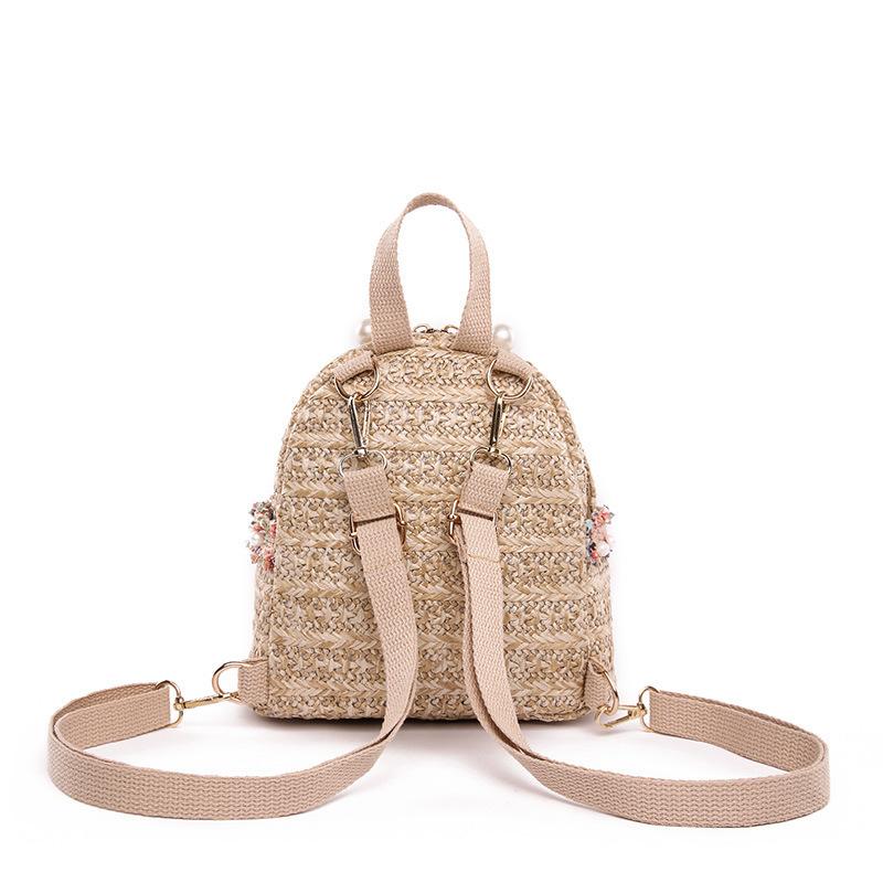 Stroh Gewebter Rucksack Damen Koreanischer Stil Perlen Dekor Leicht Casual Tagesrucksack Kleine Reise Strandtasche