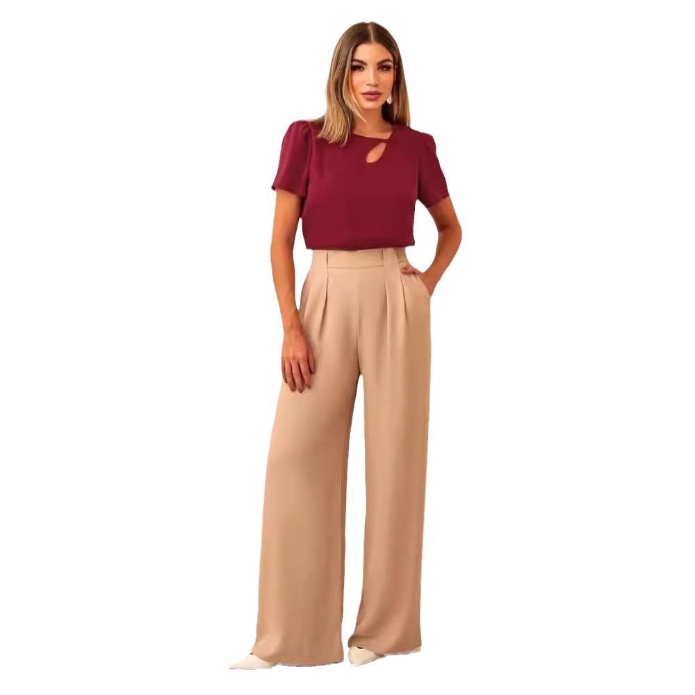 2024 Summer European & American Solid Color Round Neck Hollow-Out Versatile Short Sleeve Women's Top