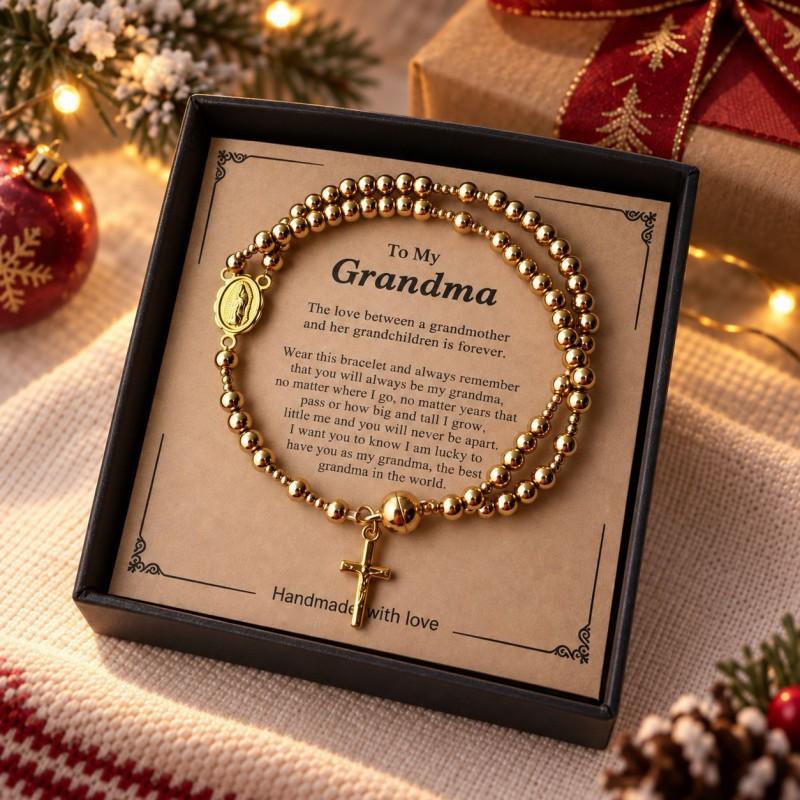 Christmas Themed Black Bead Heart Magnetic Clasp Bracelet With English Greeting Card Women