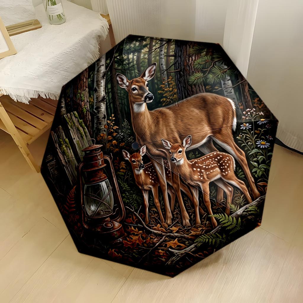 Deer In The Enchanted Forest Compact Travel Automatic Umbrella Compact 8Rib Lightweight Foldable Design Travel Essential Stylish Accessory Spiritual