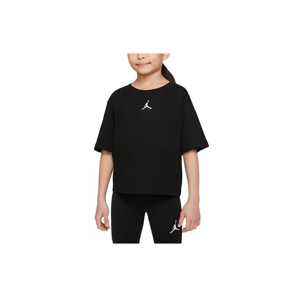 Jordan Solid Color Logo Ribbed Round Neck Short Sleeve T-Shirt Kids tops Black 35A770-023