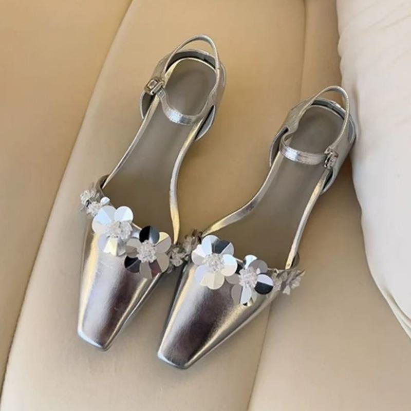 Flower Women Heeled Sandals Summer Square Toe High Heels Shoes Woman Slingback 2025 Trend Pumps Shallow Dress Sandalias Mujer
