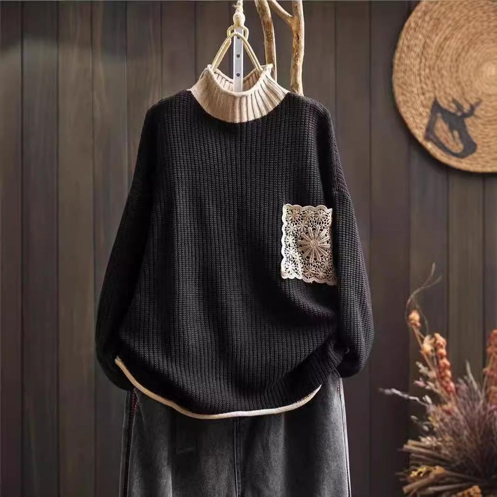 Vintage Applique Cotton Cable Knit Sweater Women Round Neck Loose Slouchy Pullover Casual Top