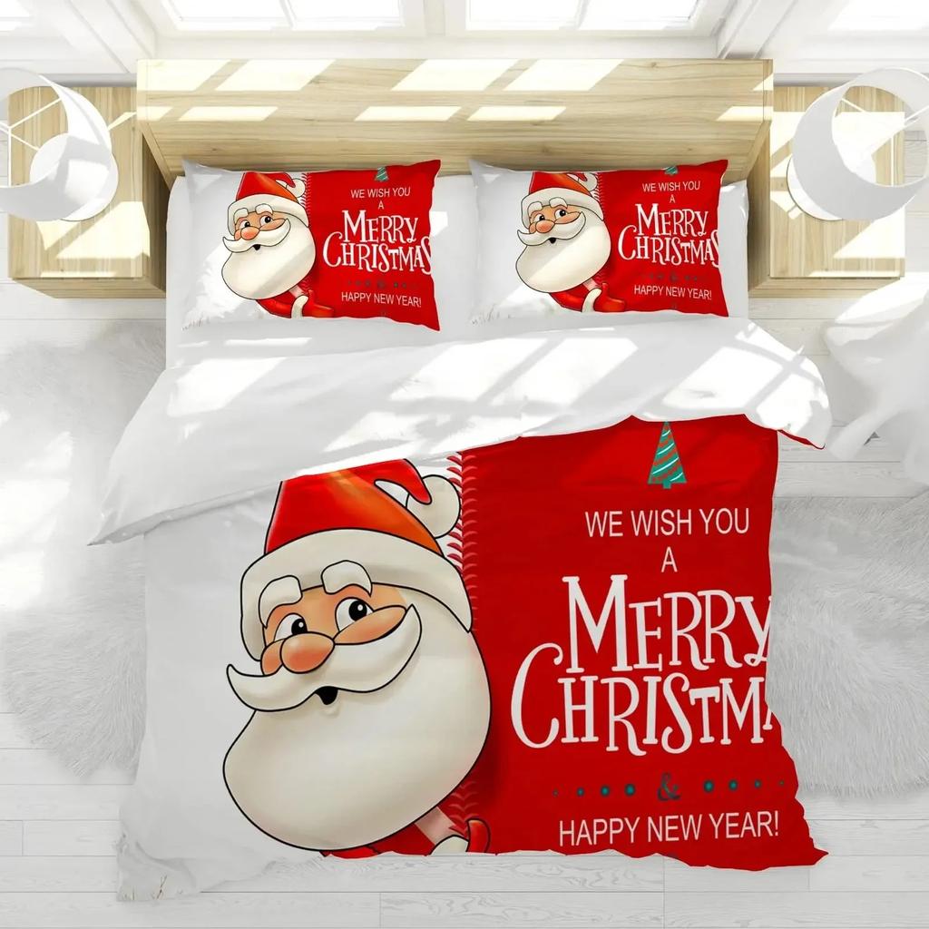 Christmas Duvet Cover Set, Snowman with Santa Hat In The Garden with A Gift Box and Candle Cartoon Image Polyester Bedding Set