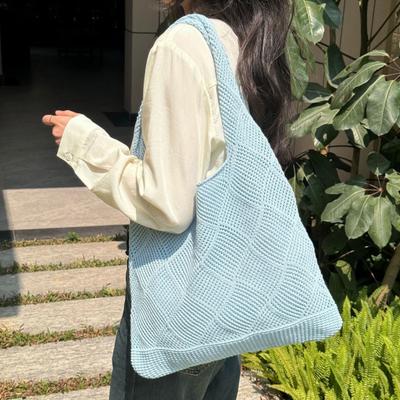 Women Knitted Shoulder Bag Large Capacity Casual Tote Bag Solid Color Hollow Out Shoulder Bag for Daily Outings Shopping School